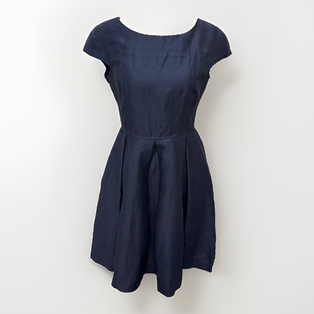 Weekend Max Mara Navy Linen Silk Dress 2 Pockets Pleated Fit Flare‎ Party Office